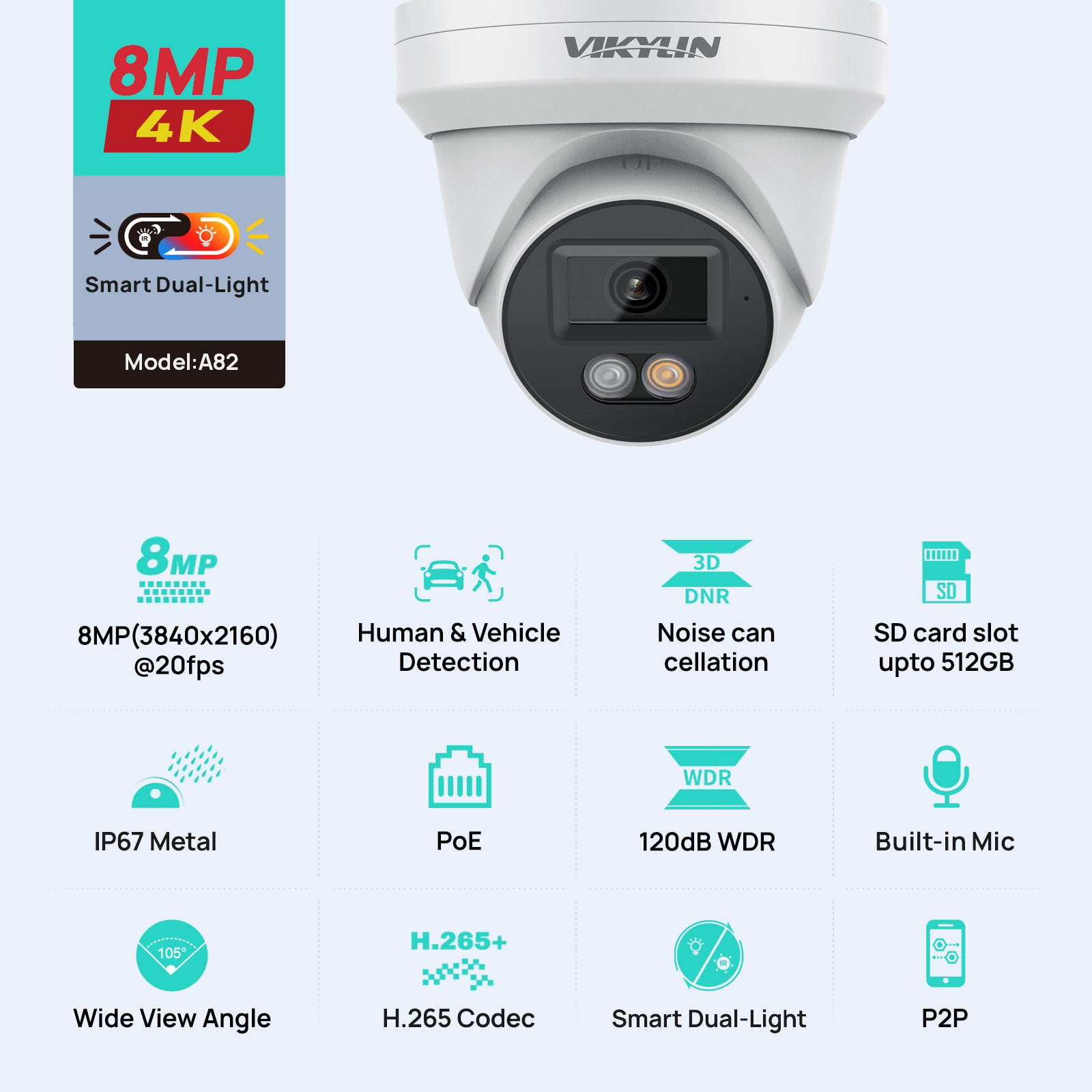 Outdoor Power G Motion - Telecamera di Sicurezza IP VIKYLIN 8MP